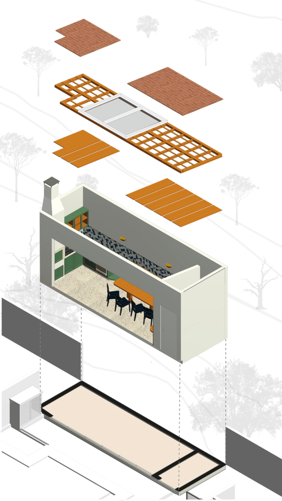 Reforma Interiores Churrasqueira Salão de Festas Área Gourmet Jardim Flutua Arquitetura Piçarras Penha Navegantes Perspectiva Explodida T01