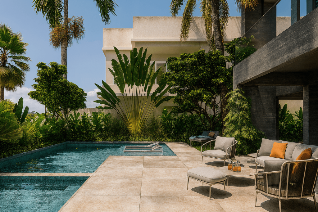 Piscina Churrasqueira Gourmet Social Varanda Lazer Jurerê Internacional Florianópolis Flutua Arquitetura Paisagismo Jardim Paisagista CAM02 OPB POS IA 2
